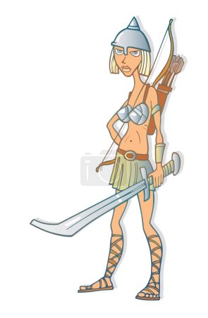 Ilustración de Guerrera con espada y arco, ilustración sobre fondo blanco. - Imagen libre de derechos