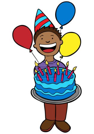 Téléchargez les illustrations : Joyeux anniversaire garçon dessin animé avec gâteau, illustration vectorielle - en licence libre de droit
