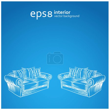 Illustration for Interior design with chairs and sofa on blue background - Royalty Free Image