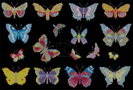 Ilustración de Conjunto de diferentes mariposas sobre un fondo negro. - Imagen libre de derechos