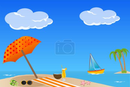 Ilustración de Playa con sombrilla en un día soleado. - Imagen libre de derechos