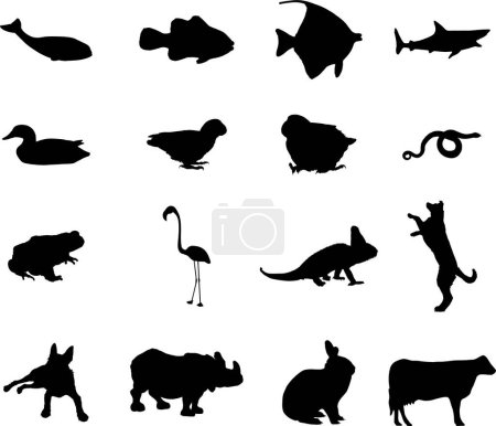 Téléchargez les illustrations : Jeu vectoriel de silhouettes d'animaux - en licence libre de droit