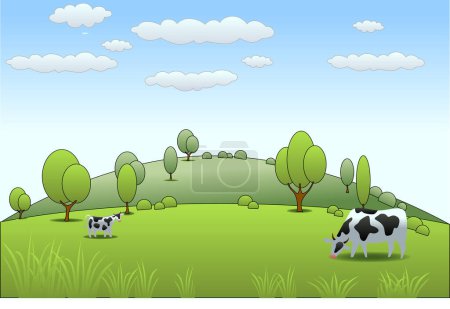 Téléchargez les illustrations : Ferme scène de vaches dans prairie - en licence libre de droit