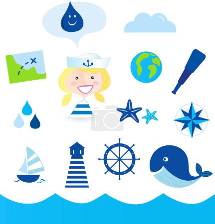 Illustration for Set of cute nautical icons. vector illustration. - Royalty Free Image
