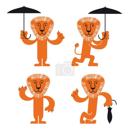 Illustration for Set of cute cartoon lion with orange umbrella, vector illustration - Royalty Free Image
