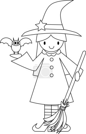 Téléchargez les illustrations : Coloriage noir et blanc de sorcière halloween avec un balai et chauve-souris - en licence libre de droit