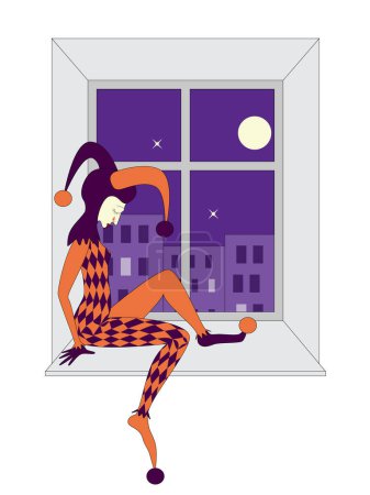 Téléchargez les illustrations : Femme avec masque et fenêtre la nuit illustration vectorielle - en licence libre de droit