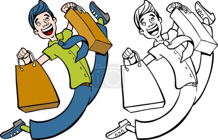 Téléchargez les illustrations : Illustration d'un dessinateur avec des sacs et des sacs à provisions sur fond blanc - en licence libre de droit
