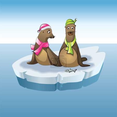 Illustration for Cartoon beaver couple on ice floes - Royalty Free Image