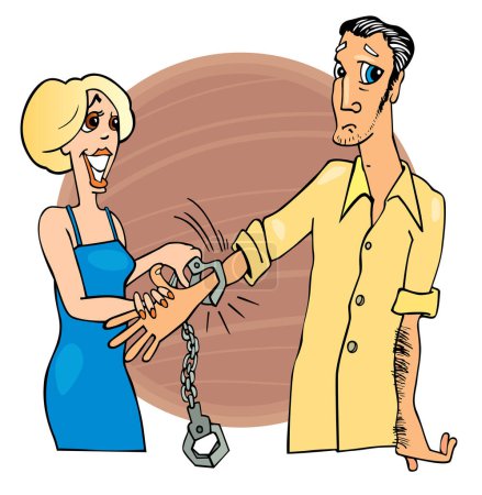 Illustration for Cartoon illustration of an adult couple, happy woman with a handcuffs and sad man - Royalty Free Image