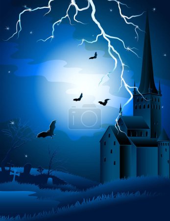 Ilustración de Diseño de fondo de Halloween con castillo y luna llena - Imagen libre de derechos