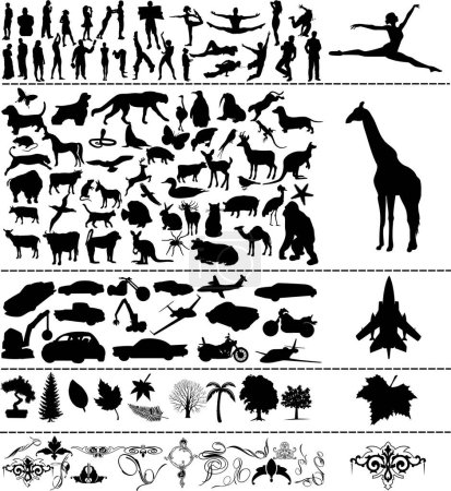 Ilustración de Conjunto de diferentes iconos, siluetas de animales del zoológico, hojas florales, personas, coches y formas ornamentales - Imagen libre de derechos