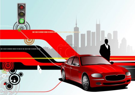 Téléchargez les illustrations : Voiture rouge avec route de ville, illustration vectorielle design simple - en licence libre de droit