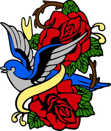 Téléchargez les illustrations : Roses rouges et oiseau. illustration vectorielle. - en licence libre de droit