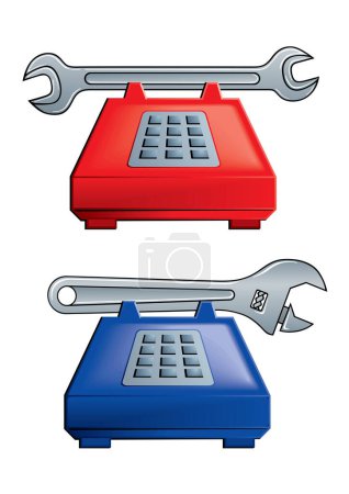Illustration for Set of blue and red phones with wrenches on top - Royalty Free Image