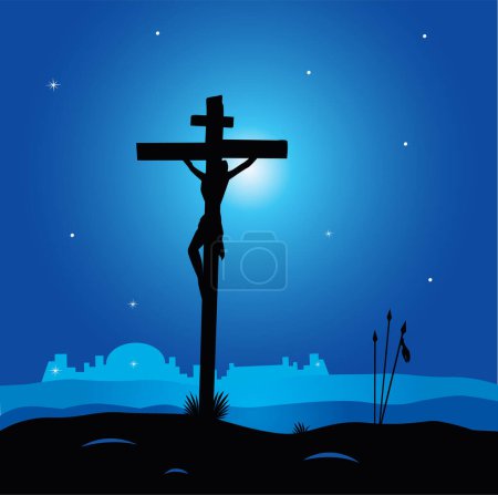 Téléchargez les illustrations : Illustration vectorielle d'un crucifix et croix sur une croix de la nuit - en licence libre de droit