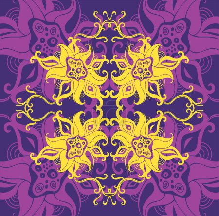 Téléchargez les illustrations : Motif floral vectoriel sans couture. fleurs dessinées à la main sur fond violet - en licence libre de droit