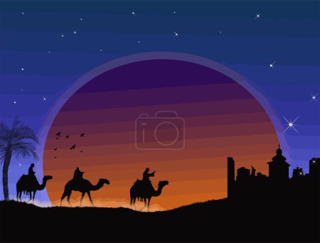 Ilustración de Silueta de camello y palma en el desierto con luna, ilustración vectorial - Imagen libre de derechos