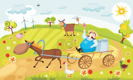 Illustration for Farm landscape with cartoon animal - Royalty Free Image