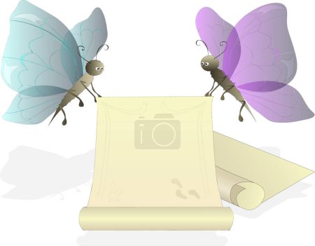 Téléchargez les illustrations : Illustration vectorielle de deux papillons avec un rouleau de papier - en licence libre de droit