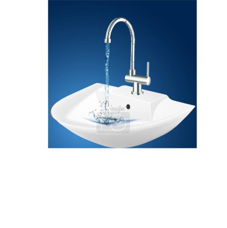 Téléchargez les illustrations : Éclaboussure d'eau avec robinet bleu sur fond blanc - en licence libre de droit