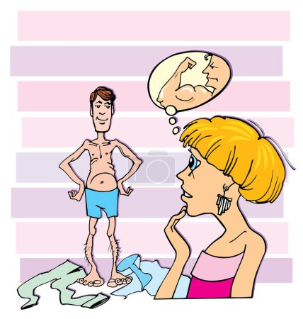 Illustration for A woman standing next to a man with a thought bubble above his head - Royalty Free Image