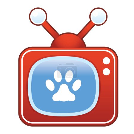 Téléchargez les illustrations : Icône d'impression de patte de chien à la télévision, style dessin animé - en licence libre de droit