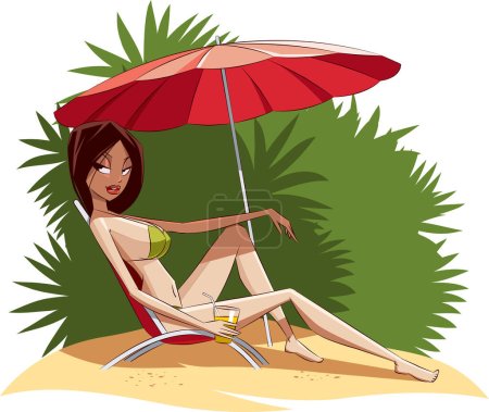 Téléchargez les illustrations : Femme en maillot de bain couché sur la plage avec parapluie - en licence libre de droit