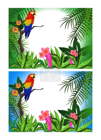 Ilustración de Pancartas con flores tropicales y loros - Imagen libre de derechos