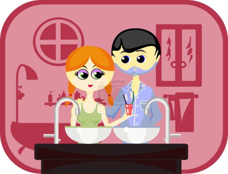 Téléchargez les illustrations : Illustration d'un couple dans la cuisine - en licence libre de droit