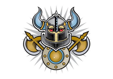 Illustration for Vector illustration of a cartoon knight with a shield and weapons on the background of an old metal shield. - Royalty Free Image