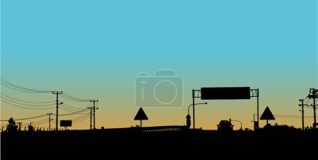 Téléchargez les illustrations : Silhouette vectorielle d'une voiture au coucher du soleil - en licence libre de droit