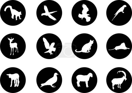 Téléchargez les illustrations : Un ensemble de neuf icônes noires et blanches d'animaux - en licence libre de droit