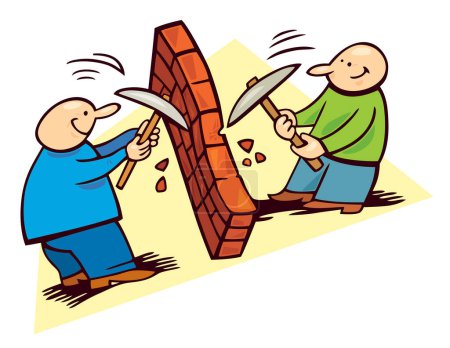 Téléchargez les illustrations : Deux hommes travaillent sur un mur de briques - en licence libre de droit