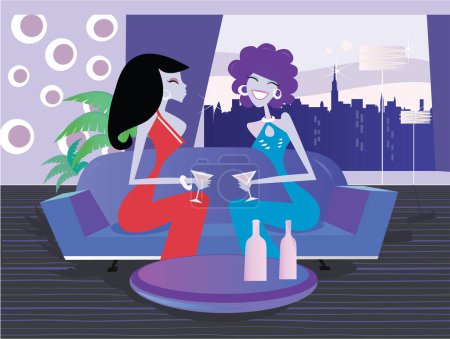 Téléchargez les illustrations : Femmes assises dans le café avec des cocktails et bavarder - en licence libre de droit