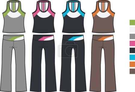 Téléchargez les illustrations : Ensemble de vêtements de sport féminins colorés isolés sur fond blanc - en licence libre de droit