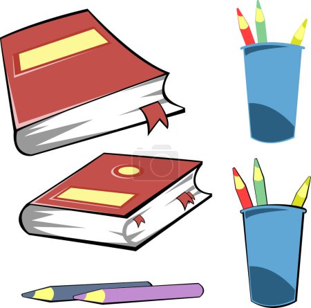 Ilustración de Conjunto de lápices y libros a color sobre un fondo blanco - Imagen libre de derechos
