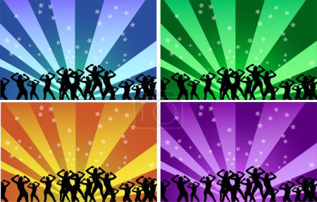 Téléchargez les illustrations : Dansant silhouettes de gens dans différentes couleurs. - en licence libre de droit