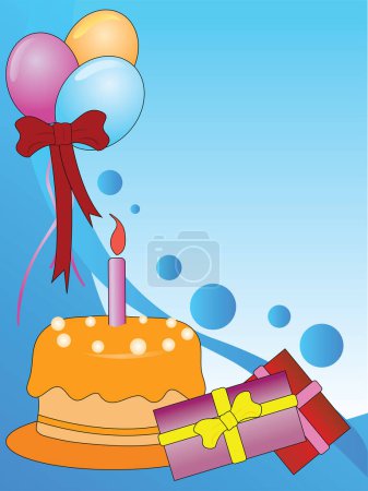 Téléchargez les illustrations : Illustration vectorielle d'un gâteau avec bougie et ballons - en licence libre de droit