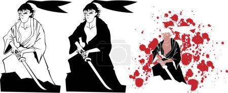 Téléchargez les illustrations : Illustration vectorielle samouraï avec silhouette noire - en licence libre de droit