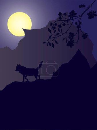 Illustration for A cat walking on a hill at night - Royalty Free Image