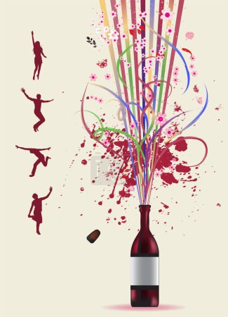 Téléchargez les illustrations : Bouteille et éclaboussures de vin coloré sur fond - en licence libre de droit