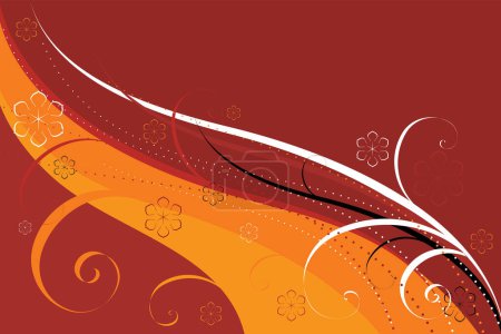 Illustration for Abstract background of red-orange colour with curls and flowers - Royalty Free Image