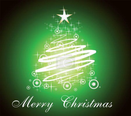 Téléchargez les illustrations : Joyeux Noël carte avec sapin vert, étoiles et flocons de neige, vecteur - en licence libre de droit