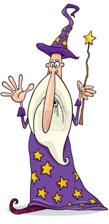 Téléchargez les illustrations : Illustration vectorielle de dessin animé de l'homme magicien drôle avec la barbe dans une baguette magique - en licence libre de droit
