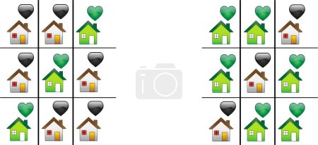 Ilustración de Conjunto de casas y corazones iconos sobre fondo blanco - Imagen libre de derechos