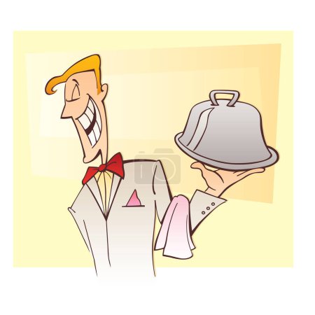 Illustration for Illustration of cartoon waiter holding a dish, vector illustration - Royalty Free Image