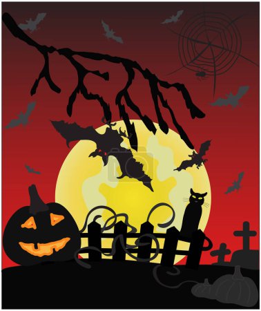 Illustration for Halloween card with pumpkins and bats on the background of the moon - Royalty Free Image