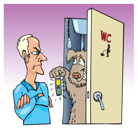 Téléchargez les illustrations : Image de dessin animé du vieil homme regardant chien sortir de wc et tenant téléphone mobile - en licence libre de droit