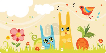 Téléchargez les photos : Illustration d'un fond de Pâques heureux avec des oiseaux et des animaux mignons - en image libre de droit